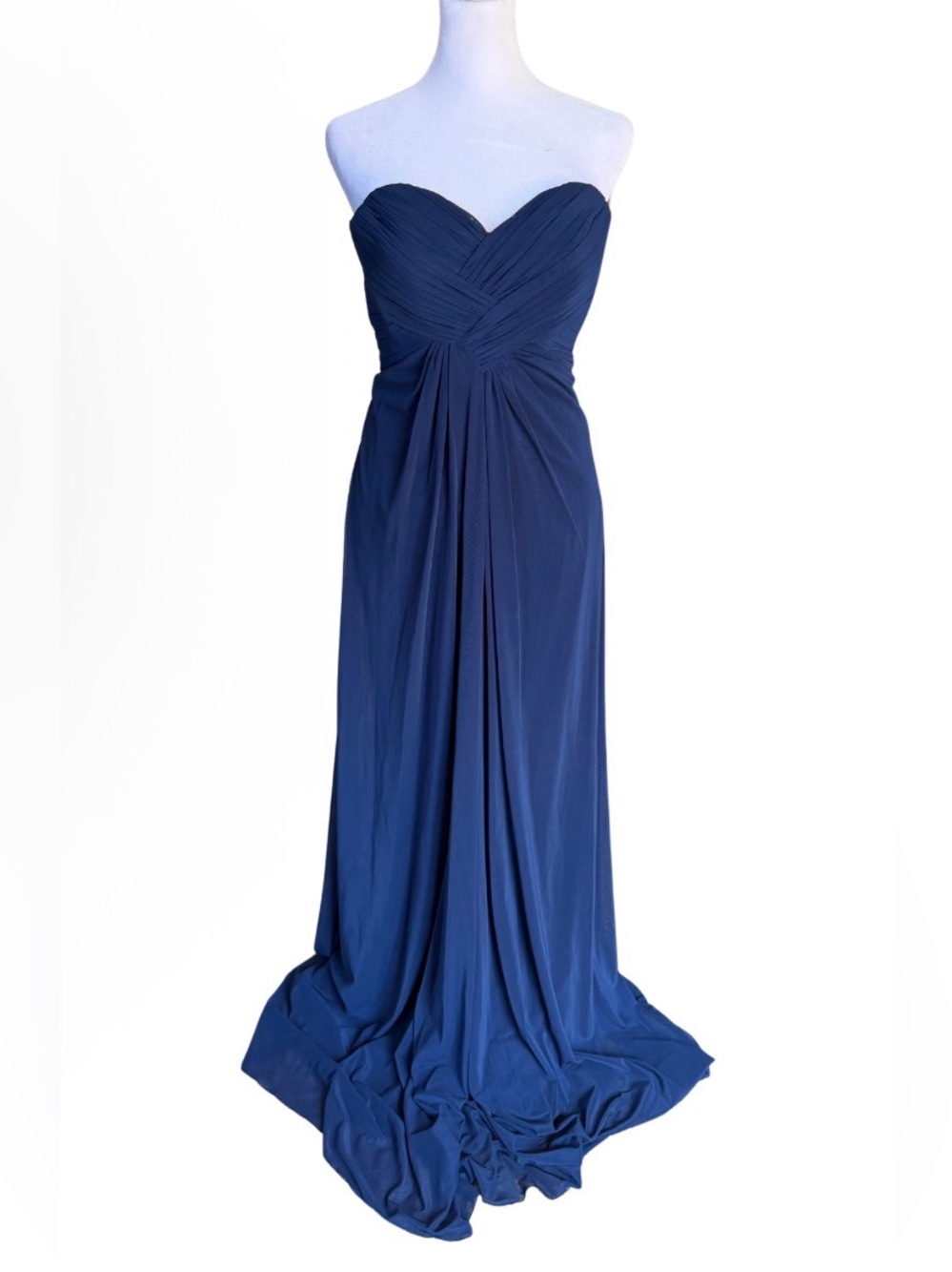 La Femme Strapless Navy Blue Open Back Formal Prom Gown